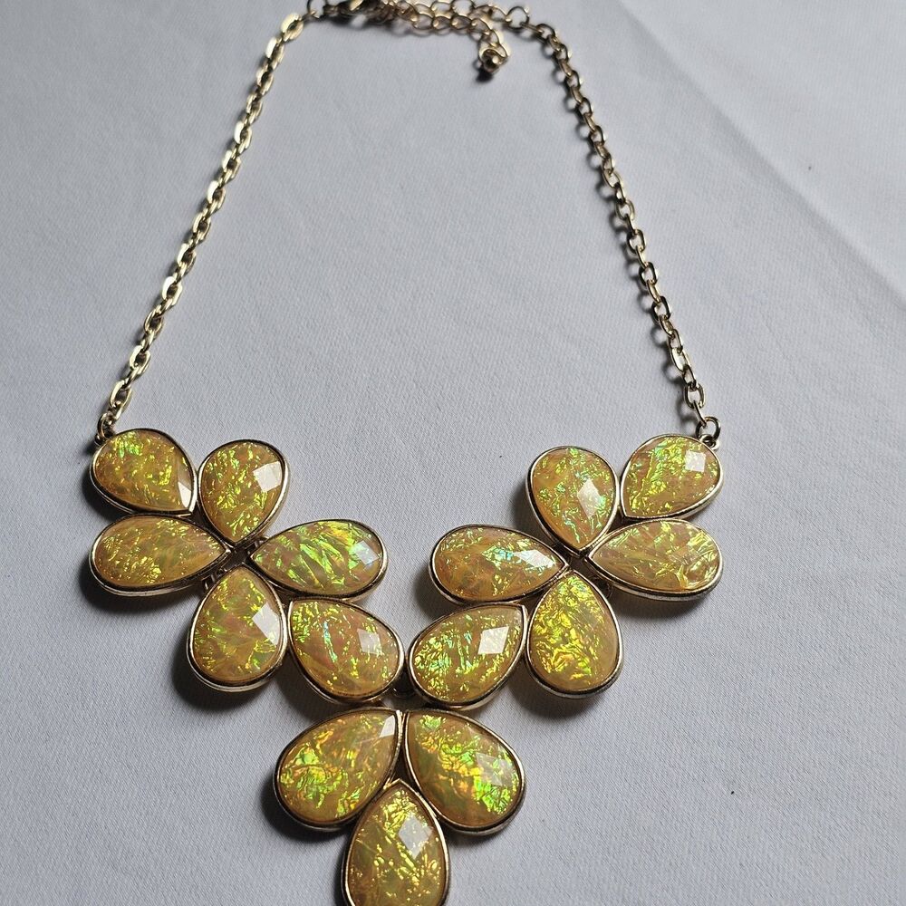 Vintage Gold-Tone Statement Bib Necklace Yellow Iridescent Faux Opal Teardrop
